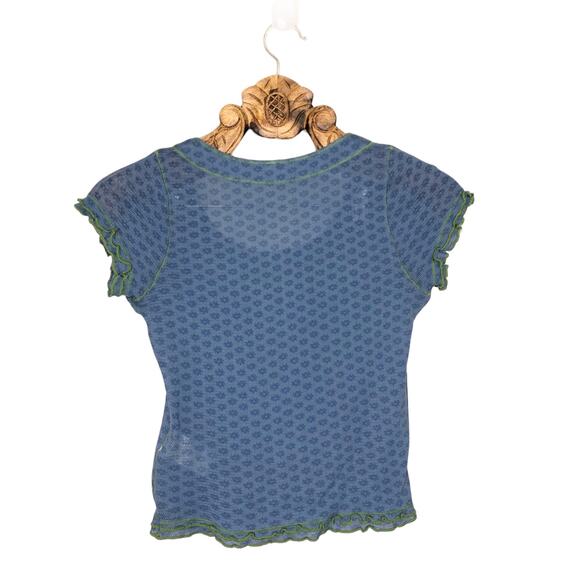 Free People Top Cotton Mesh Floral Tee Lettuce Trim Blue Short Sleeve Sheer xs - Picture 2 of 8